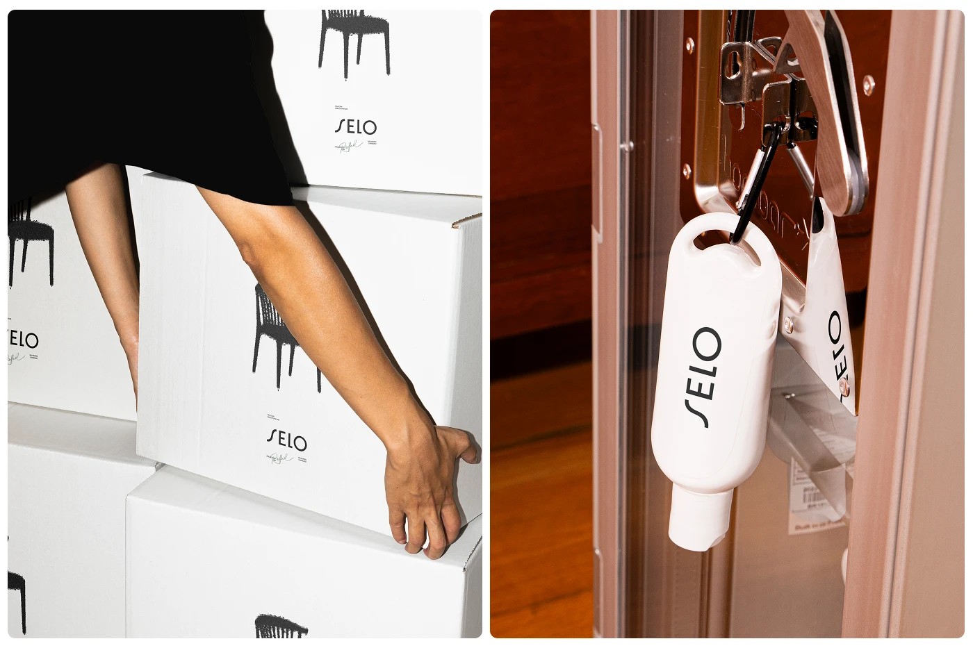 SELO furniture brand identity custom printed shipping boxes with chair graphics