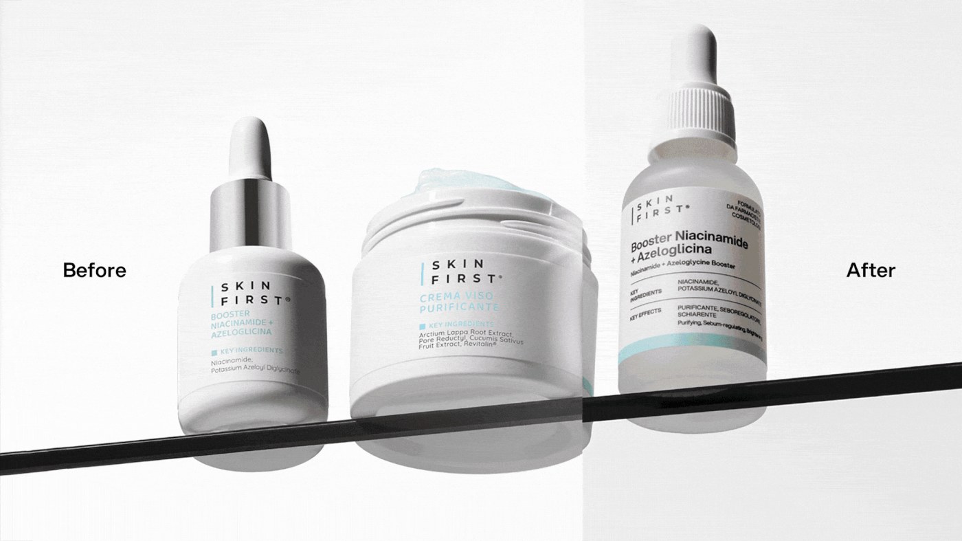 Before and after comparison of the Skin First rebrand by Uoi Studio