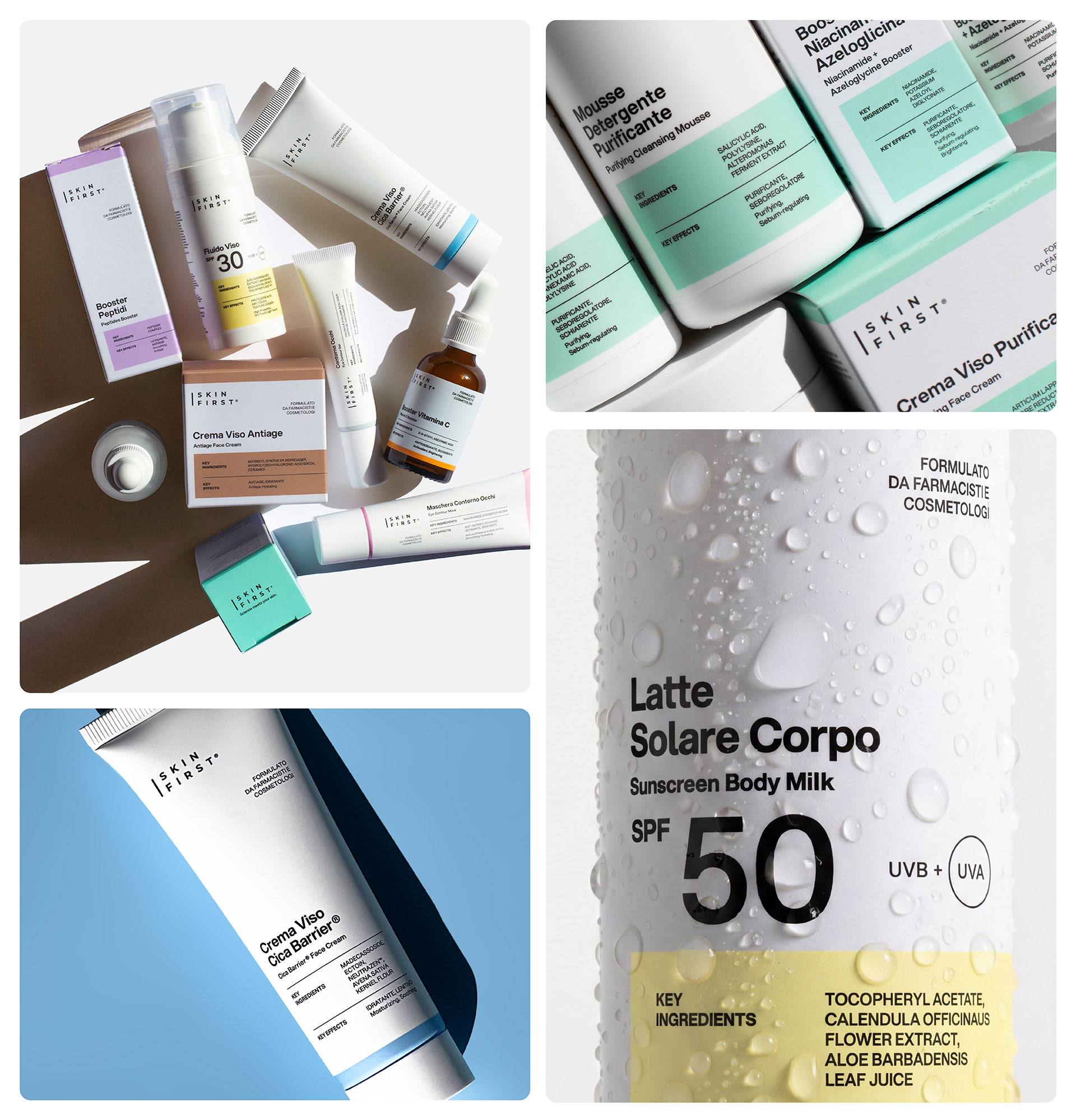 Skin First packaging collage by Uoi Studio: flat-lay, carton macro, product tubes and droplet shots