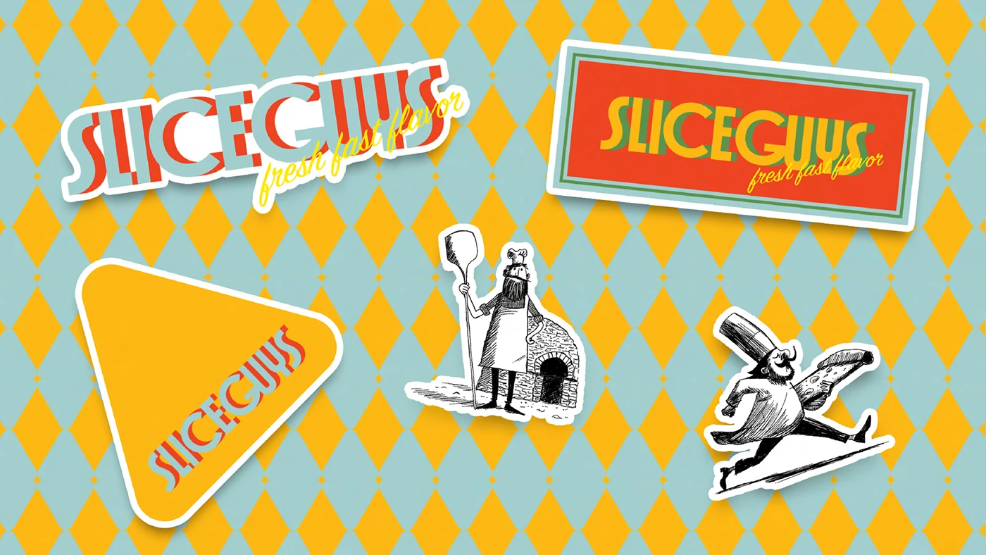 Slice Guys pizzeria branding merchandise layout design