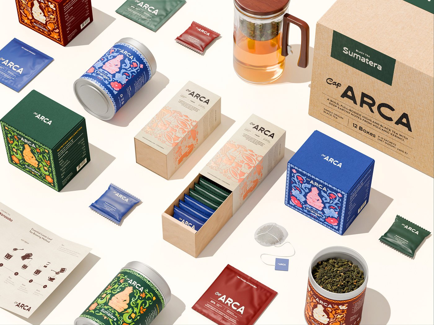 Teh Cap Arca tea branding identity packaging layout flat lay