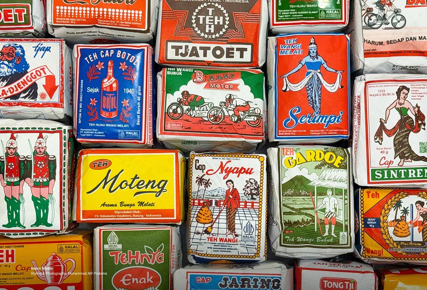 Archival Indonesian tea packaging design reference for tea branding identity
