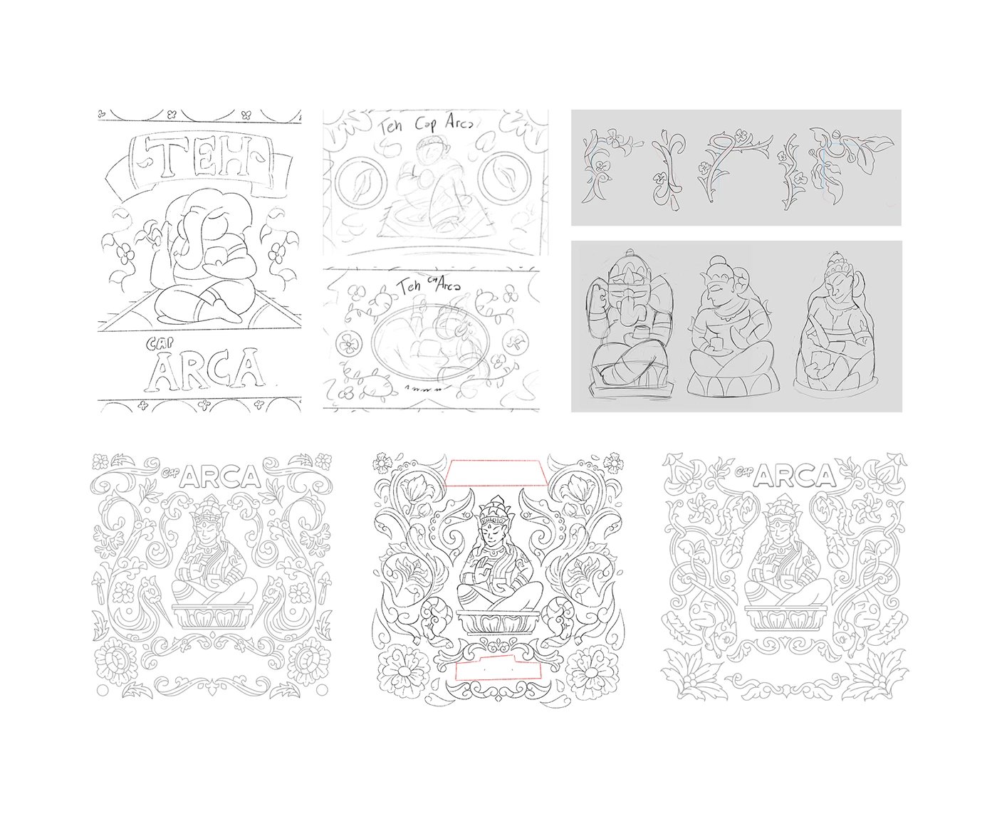 Hand drawn sketch studies and linework for Teh Cap Arca tea branding identity