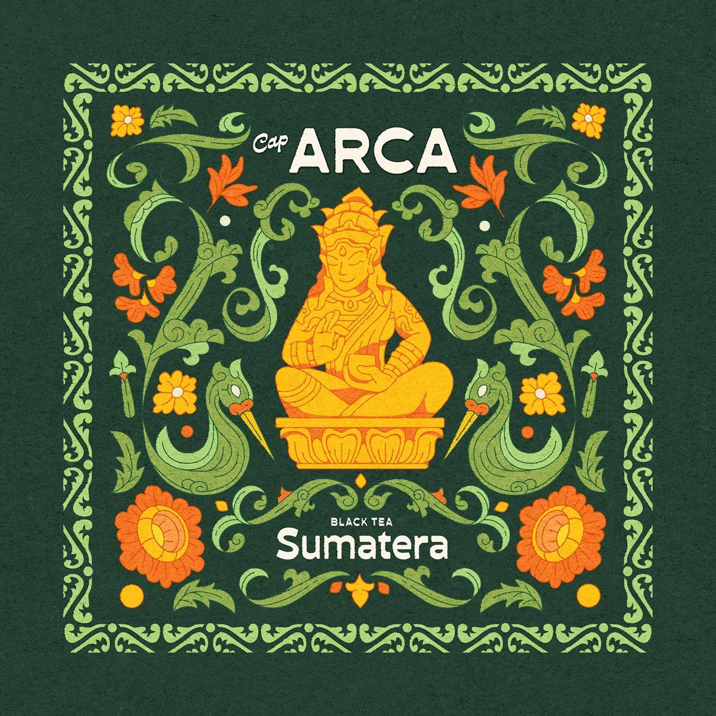 Ornate botanical illustration and Arca deity artwork for tea branding identity