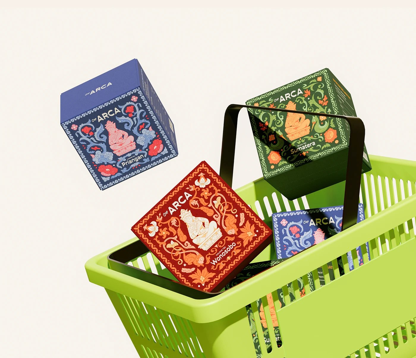 Isometric packaging boxes for Teh Cap Arca tea branding identity