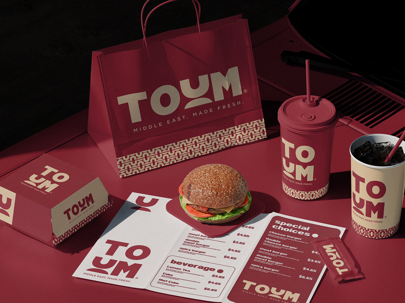 TOUM brand identity and packaging hero mockup by Kashyap Bhatt